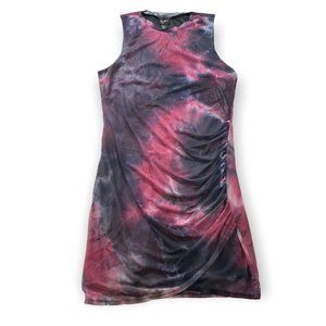 Free Press Tie Dye Mesh Dress Womens XL Pink Black Side Ruching Bodycon Mini